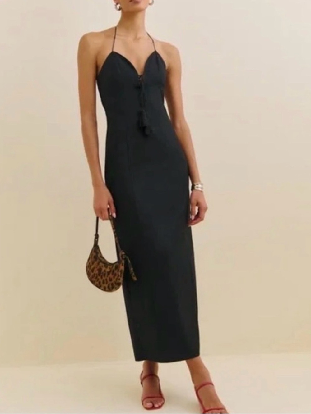 Reformation Solasta Black Halter Midi Dress NWT Size 6 Organic Cotton